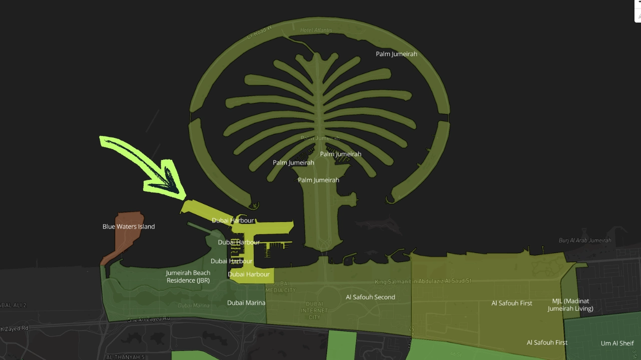Dubai Harbour location map showing proximity to Palm Jumeirah, Bluewaters Island and Dubai Marina coastline Presented by Tohid Fetrat