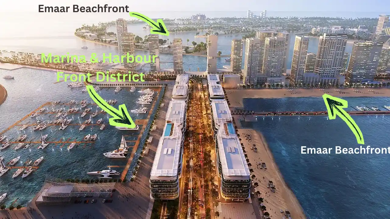Dubai Harbour waterfront skyline featuring marina promenade, harbour front district and Emaar Beachfront residential towers Presented by Tohid Fetrat