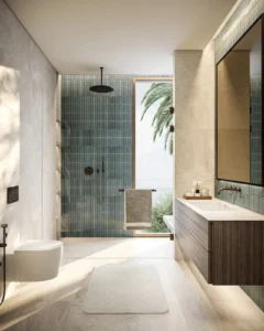 Modern bathroom interior at Dubai Islands by Nakheel with walk in shower and contemporary finishes Presented by Tohid Fetrat