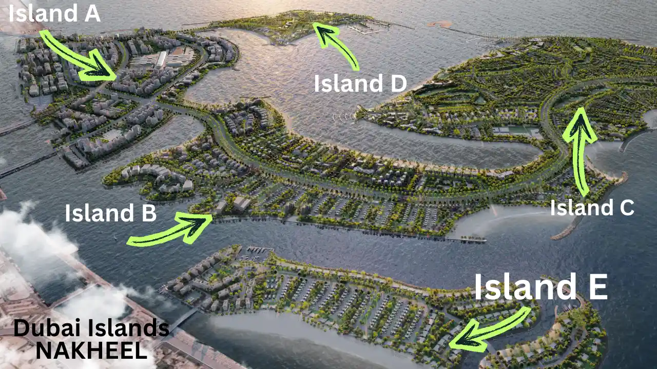Dubai Islands aerial masterplan with labels Island A, Island B, Island C, Island D, Island E showing residential clusters, villa zones and waterfront layout along the Gulf, Nakheel development, Presented by Tohid Fetrat