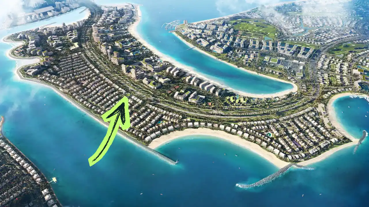Aerial view of Dubai Islands Island B with highlighted arrow showing location of residential district along the waterfront Presented by Tohid Fetrat