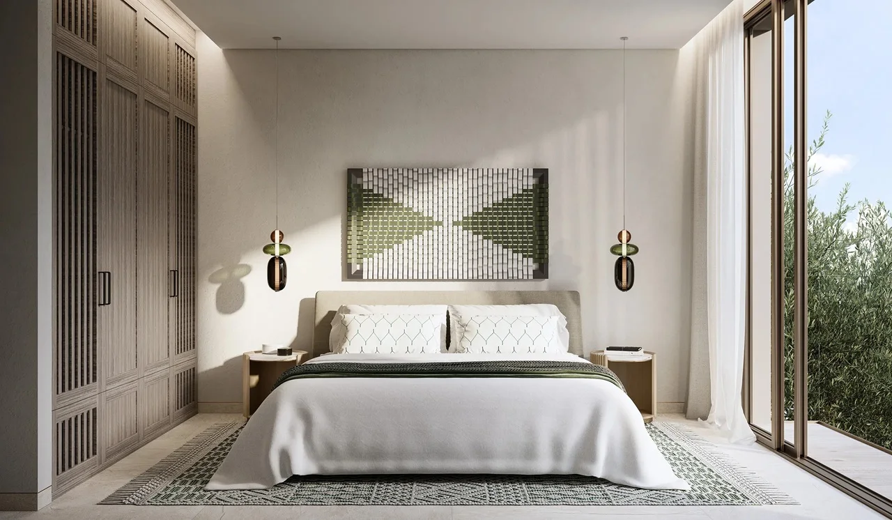 Contemporary bedroom interior at Dubai Islands Island B by Nakheel with natural textures and garden view Presented by Tohid Fetrat