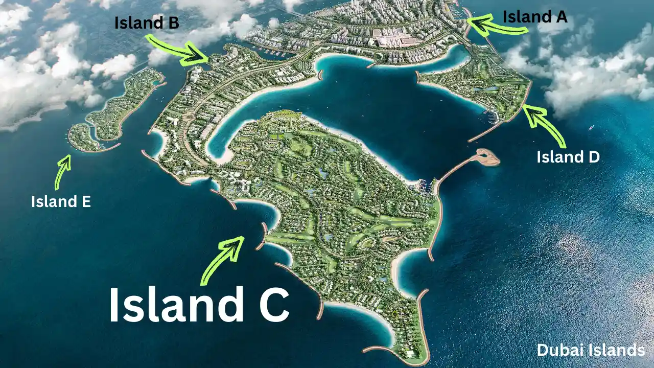 Aerial masterplan view highlighting Island C within Dubai Islands showing waterfront coastline and surrounding Gulf waters Presented by Tohid Fetrat