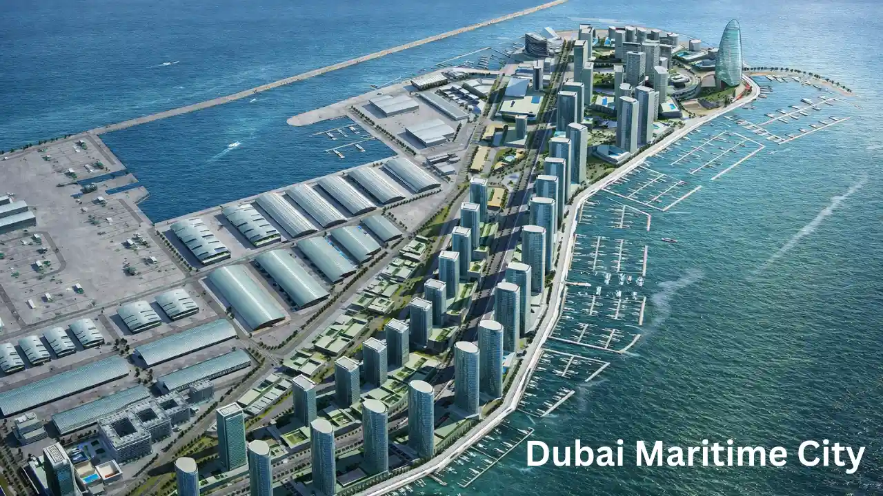 Dubai Maritime City masterplan aerial view showing waterfront towers, marina berths and mixed-use district along the Gulf – Presented by Tohid Fetrat