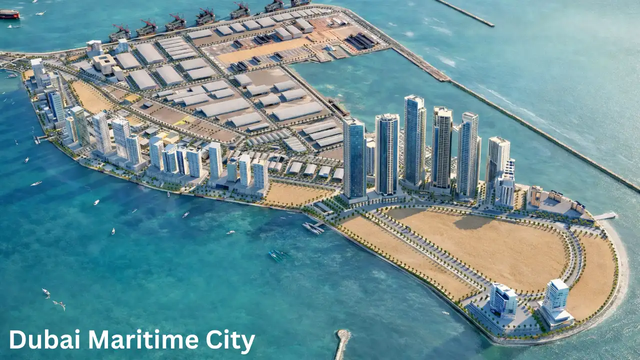 Dubai Maritime City aerial masterplan showing waterfront residential towers, marina docks and mixed-use coastal district along the Gulf – Presented by Tohid Fetrat