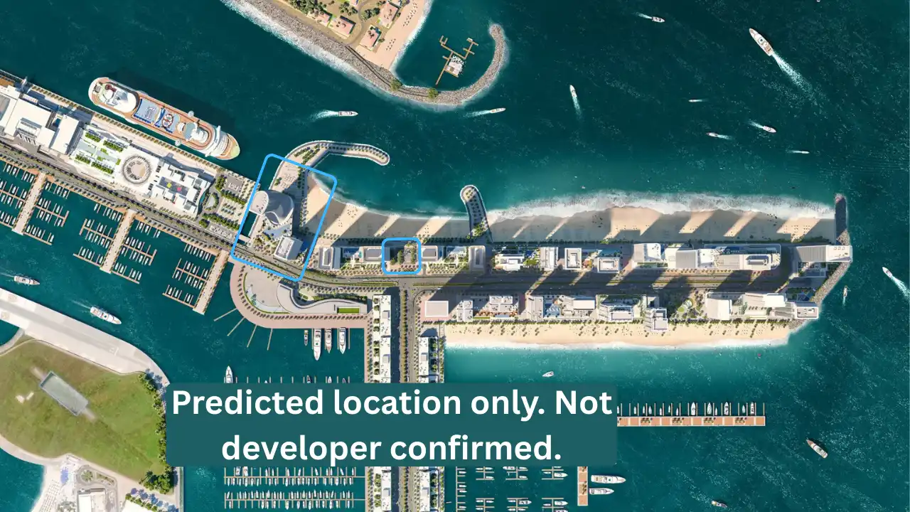 Aerial masterplan view showing the predicted location of the new Emaar Beachfront 2026 launch with disclaimer note stating location is for prediction purposes only and not developer confirmed, Dubai, Gulf, Presented by Tohid Fetrat