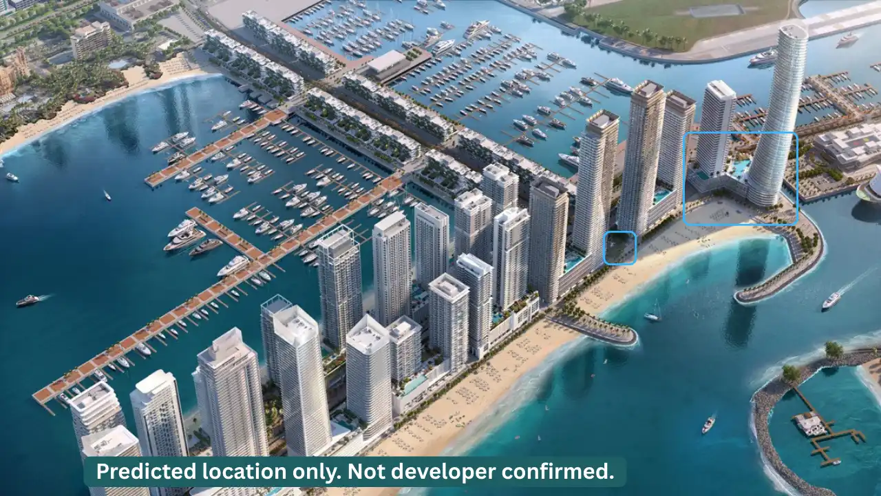Emaar Beachfront 2026 predicted location on masterplan overlooking Gulf and marina, annotation marked area not developer confirmed, Dubai, Presented by Tohid Fetrat