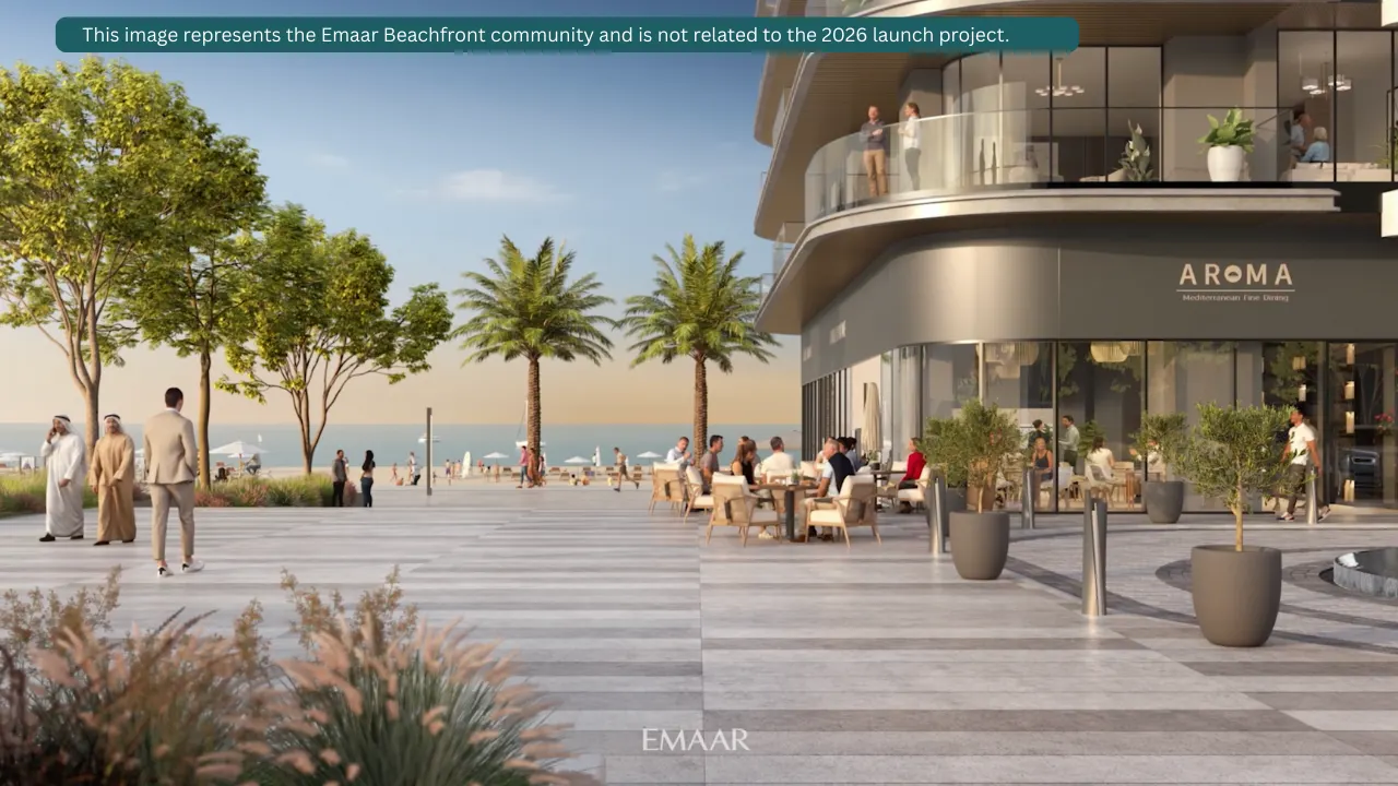 Emaar Beachfront community promenade with seaside café and Gulf view, disclaimer visual stating image represents Emaar Beachfront community and not related to the 2026 launch project, Dubai lifestyle, Presented by Tohid Fetrat