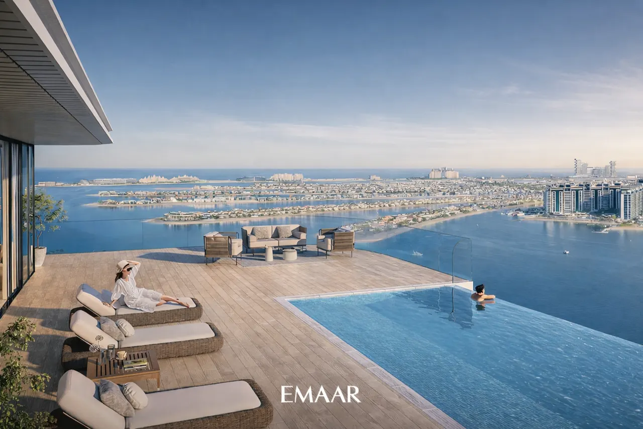 Emaar Beachfront infinity pool sea view lifestyle Dubai Presented by Tohid Fetrat