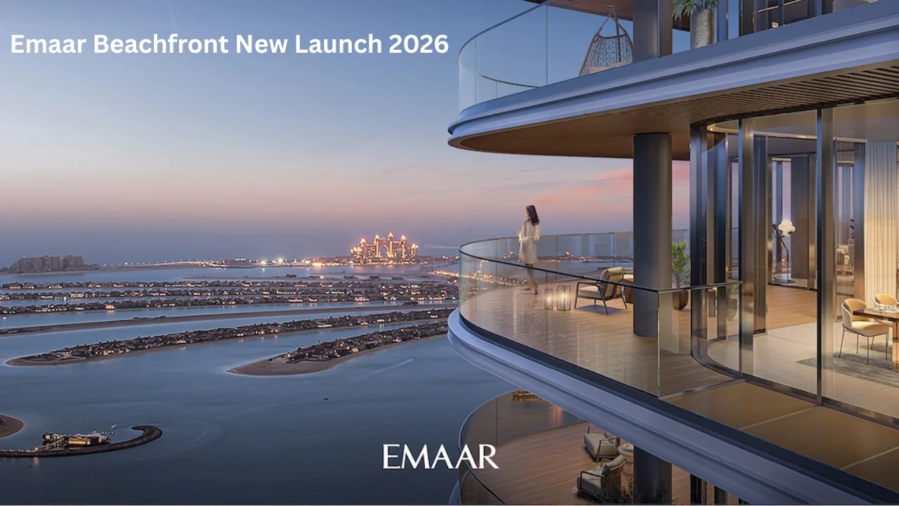 Emaar Beachfront New Launch 2026 balcony view overlooking Palm and Gulf at sunset, luxury waterfront residence by Emaar, Dubai, Presented by Tohid Fetrat