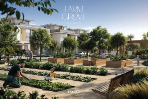 Farm Grove community garden with raised planting beds walking paths and landscaped greenery surrounded by modern villas in The Valley Dubai Presented by Tohid Fetrat