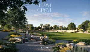 Farm Grove community green lawn with social seating landscaped pathways and open recreational space in The Valley Dubai Presented by Tohid Fetrat