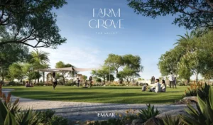 Farm Grove community park with open green lawns shaded seating areas and landscaped trees in The Valley Dubai Presented by Tohid Fetrat