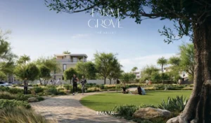 Farm Grove community park with walking paths open green lawns and landscaped trees creating an active outdoor setting in The Valley Dubai Presented by Tohid Fetrat