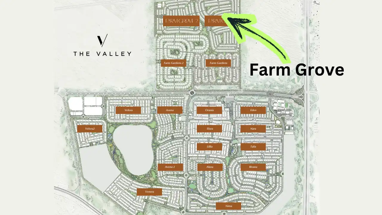 Farm Grove masterplan map showing project location and surrounding communities within The Valley Dubai Presented by Tohid Fetrat
