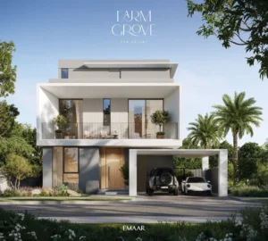 Farm Grove villa exterior featuring elevated balcony modern facade and shaded parking surrounded by greenery in The Valley Dubai Presented by Tohid Fetrat