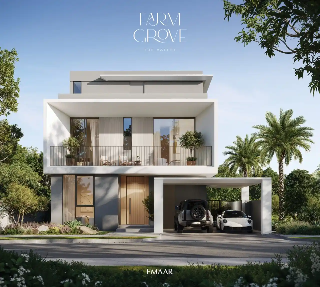 Farm Grove villa exterior featuring elevated balcony modern facade and shaded parking surrounded by greenery in The Valley Dubai Presented by Tohid Fetrat