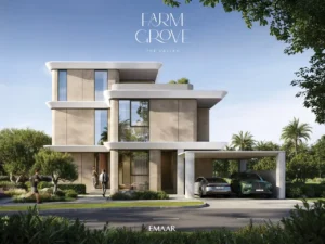 Farm Grove villa exterior showcasing curved architectural volumes floor to ceiling windows and shaded parking within landscaped surroundings in The Valley Dubai Presented by Tohid Fetrat