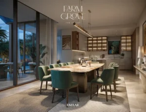 Farm Grove villa dining interior with elegant dining table modern lighting floor to ceiling glass and refined kitchen design in The Valley Dubai Presented by Tohid Fetrat