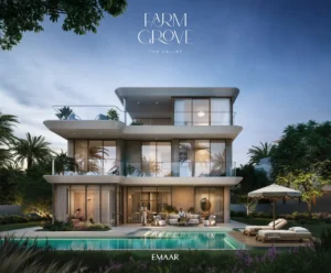 Farm Grove villa evening exterior with illuminated pool glass balconies and modern architectural design in The Valley Dubai Presented by Tohid Fetrat