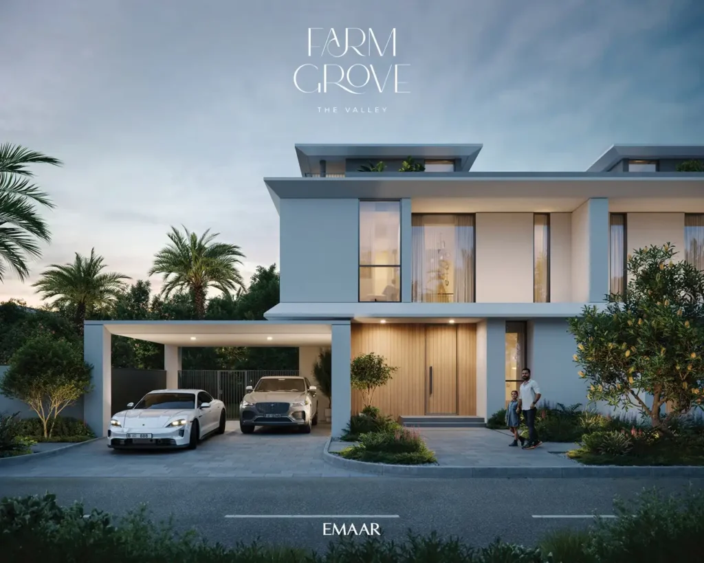 Farm Grove contemporary villa exterior with minimalist facade covered parking and landscaped greenery in The Valley Dubai Presented by Tohid Fetrat