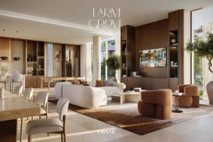 Farm Grove villa open plan living and dining interior with contemporary furniture warm wood finishes and floor to ceiling windows in The Valley Dubai Presented by Tohid Fetrat
