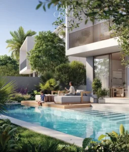 Farm Grove villa outdoor pool and garden area with contemporary seating landscaped greenery and modern architecture in The Valley Dubai Presented by Tohid Fetrat