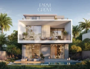 Farm Grove villa rear elevation with outdoor pool terrace floor to ceiling glazing and modern architectural volumes in The Valley Dubai Presented by Tohid Fetrat