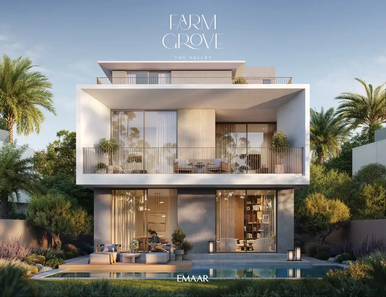 Farm Grove villa rear elevation with outdoor pool terrace floor to ceiling glazing and modern architectural volumes in The Valley Dubai Presented by Tohid Fetrat