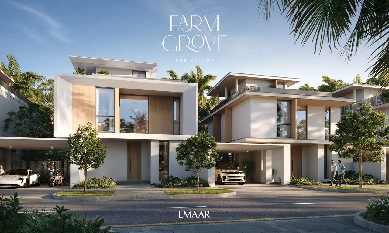 Farm Grove villas street view with contemporary architecture shaded parking and landscaped surroundings in The Valley Dubai Presented by Tohid Fetrat