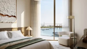 Fior 1 at Rashid Yachts & Marina by Emaar modern bedroom with marina view and floor to ceiling windows, Dubai - Presented by Tohid Fetrat