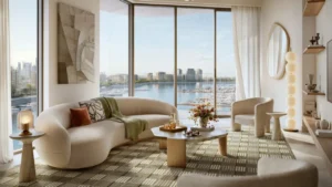 Fior 1 at Rashid Yachts & Marina by Emaar modern living room interior with marina view through floor to ceiling windows, Dubai - Presented by Tohid Fetrat