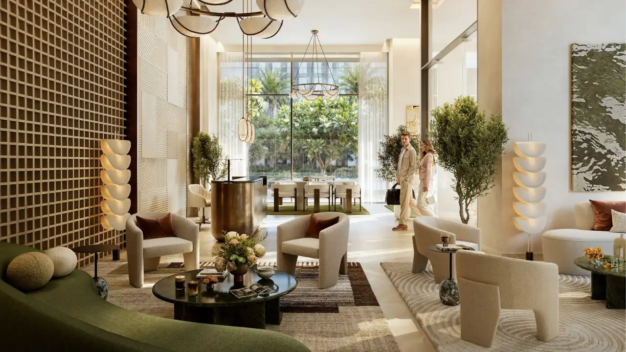 Fior 1 at Rashid Yachts & Marina by Emaar luxury lobby interior with contemporary seating and natural light design, Dubai - Presented by Tohid Fetrat