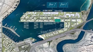 Fior 1 at Rashid Yachts & Marina by Emaar masterplan location map showing waterfront layout and marina positioning, Dubai - Presented by Tohid Fetrat