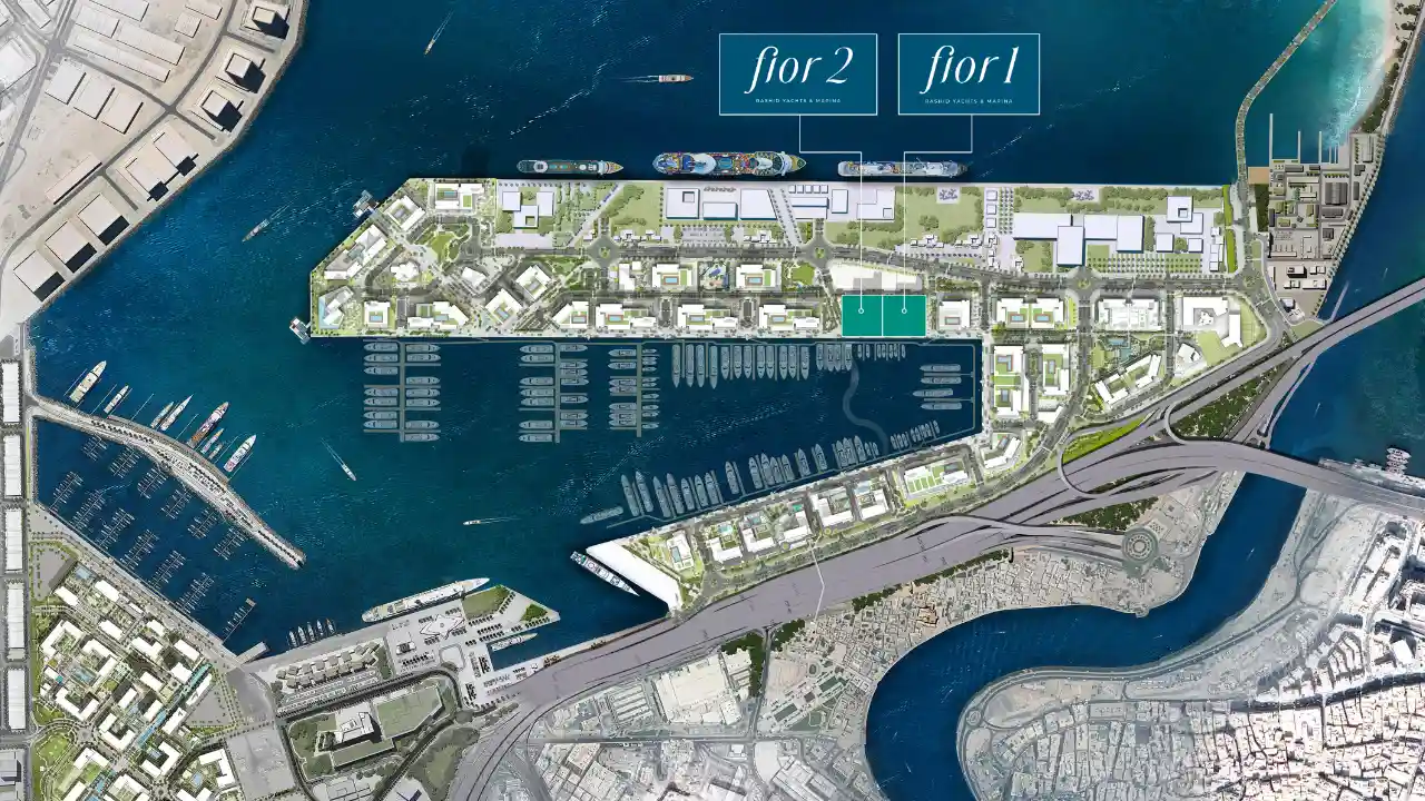 Fior 1 at Rashid Yachts & Marina by Emaar masterplan location map showing waterfront layout and marina positioning, Dubai - Presented by Tohid Fetrat