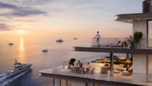 Fior 1 at Rashid Yachts & Marina by Emaar sunset sea view terrace with outdoor lounge and yachts in the marina, Dubai - Presented by Tohid Fetrat