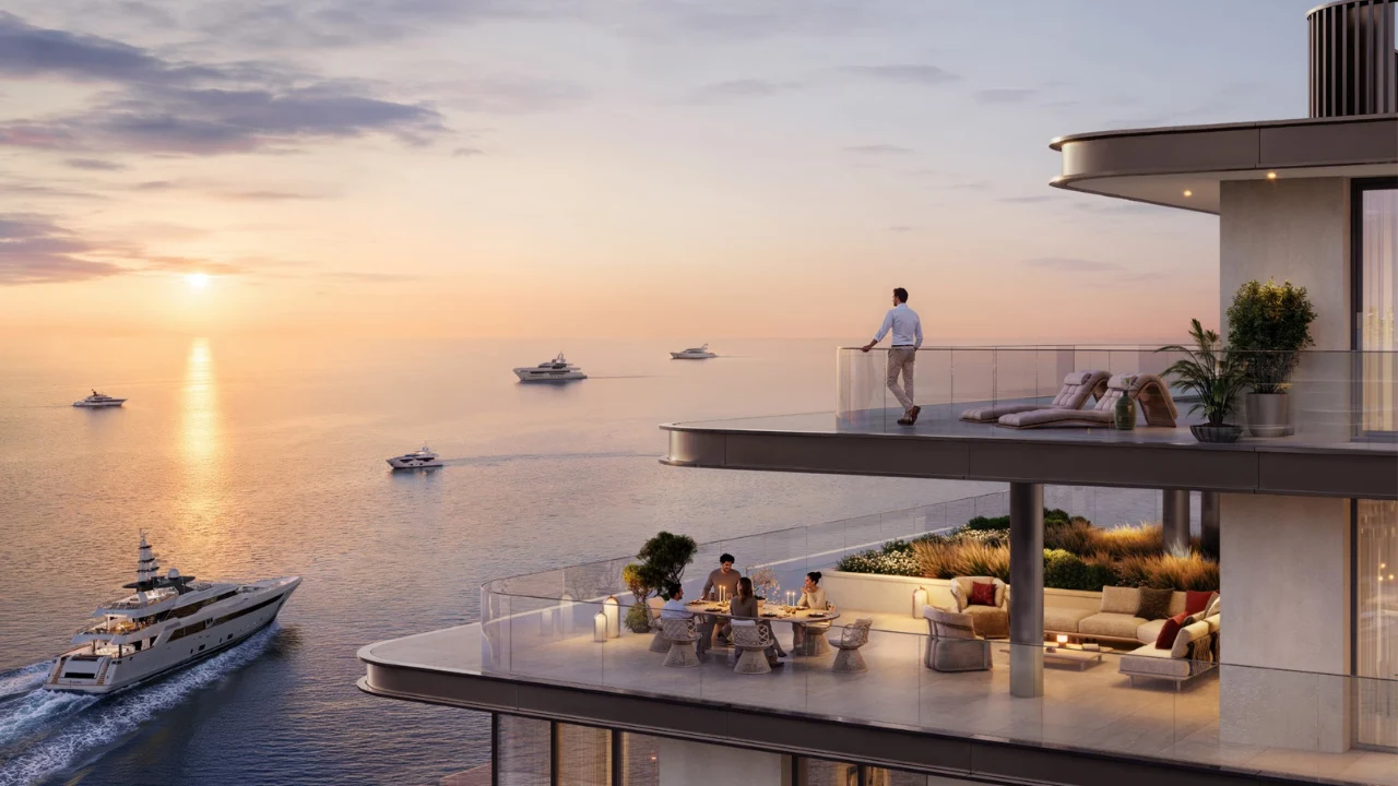Fior 1 at Rashid Yachts & Marina by Emaar sunset sea view terrace with outdoor lounge and yachts in the marina, Dubai - Presented by Tohid Fetrat