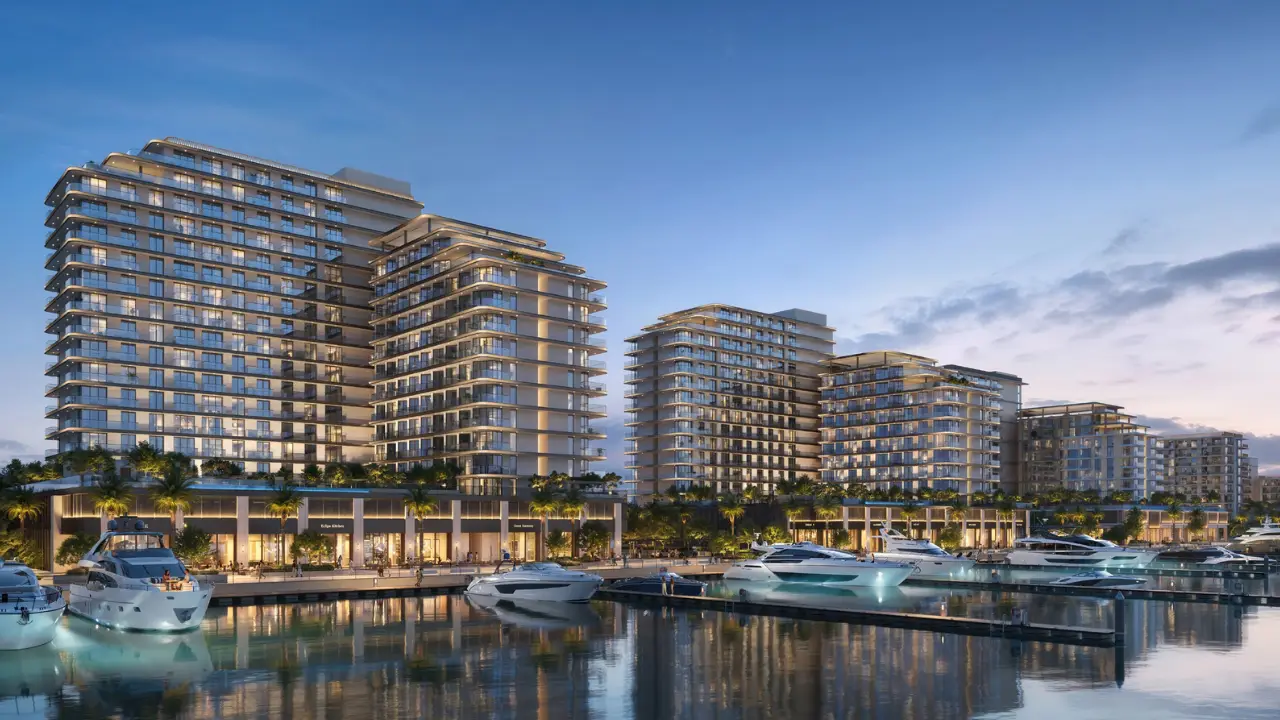 Fior 1 at Rashid Yachts & Marina by Emaar waterfront residences with marina yachts and evening skyline view, Dubai - Presented by Tohid Fetrat