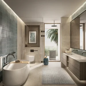 Garden Villa bathroom at Island B Dubai Islands by Nakheel with freestanding bathtub and spa style design Presented by Tohid Fetrat