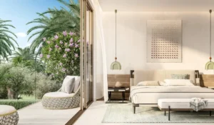 Garden Villa bedroom at Island B Dubai Islands by Nakheel with garden view and contemporary natural interior Presented by Tohid Fetrat