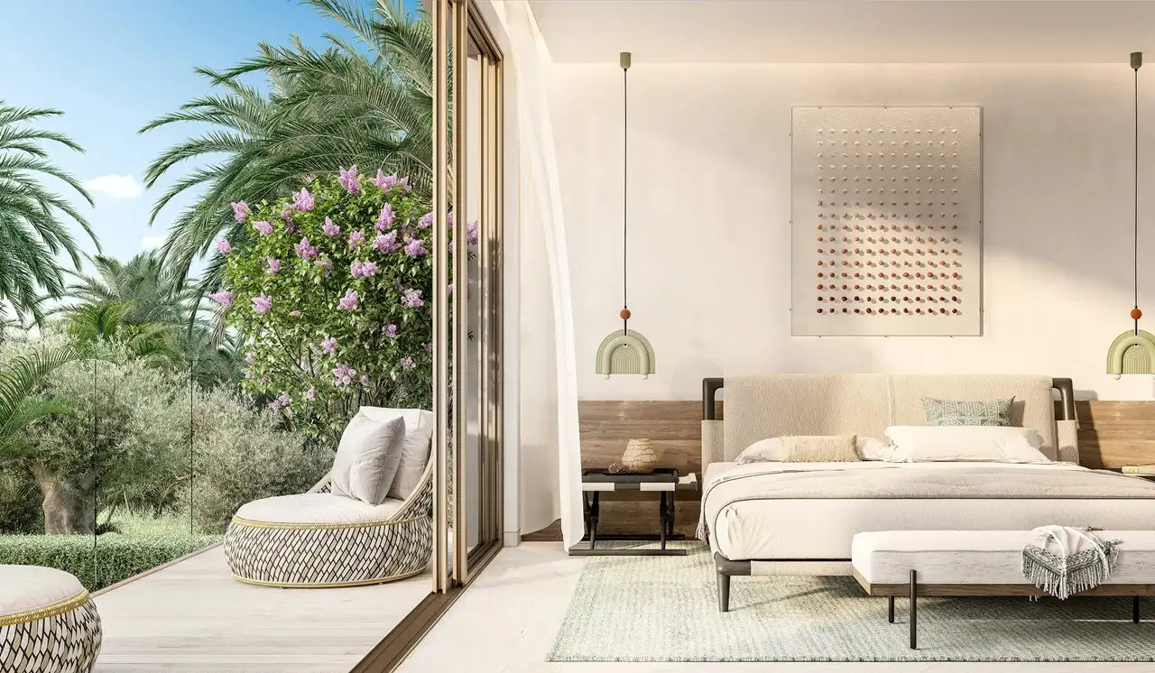 Garden Villa bedroom at Island B Dubai Islands by Nakheel with garden view and contemporary natural interior Presented by Tohid Fetrat