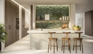 Garden Villa kitchen at Island B Dubai Islands by Nakheel with modern island counter and natural material palette Presented by Tohid Fetrat