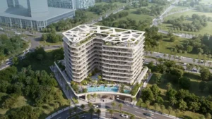 Aerial exterior view of Inara Residence in Dubai, showcasing a modern stepped residential building with landscaped terraces, rooftop design, central courtyard pool, and surrounding green park areas, presented by Tohid Fetrat