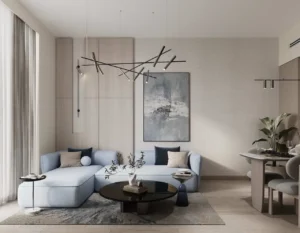 Modern apartment interior at Inara Residence in Dubai featuring elegant living space, soft neutral tones, contemporary furniture, and refined interior design, presented by Tohid Fetrat