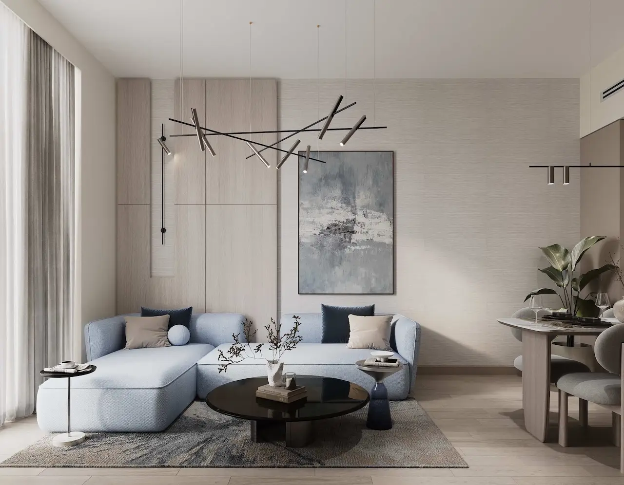 Modern apartment interior at Inara Residence in Dubai featuring elegant living space, soft neutral tones, contemporary furniture, and refined interior design, presented by Tohid Fetrat