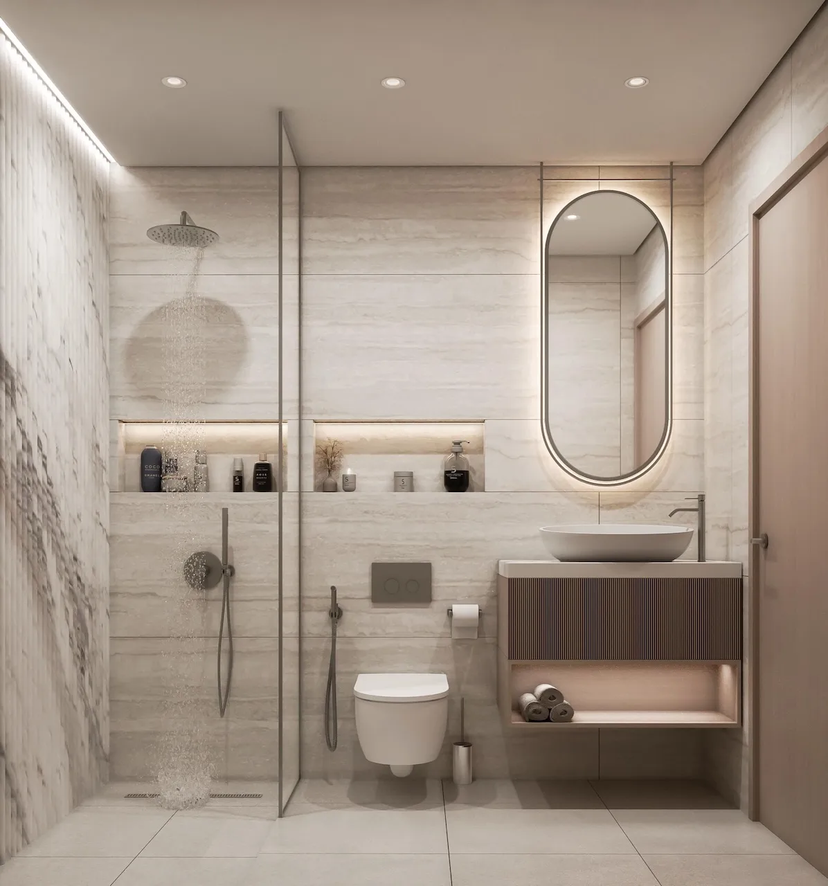 Modern bathroom interior at Inara Residence in Dubai featuring a walk-in glass shower, minimalist vanity, neutral stone finishes, and refined contemporary design, presented by Tohid Fetrat