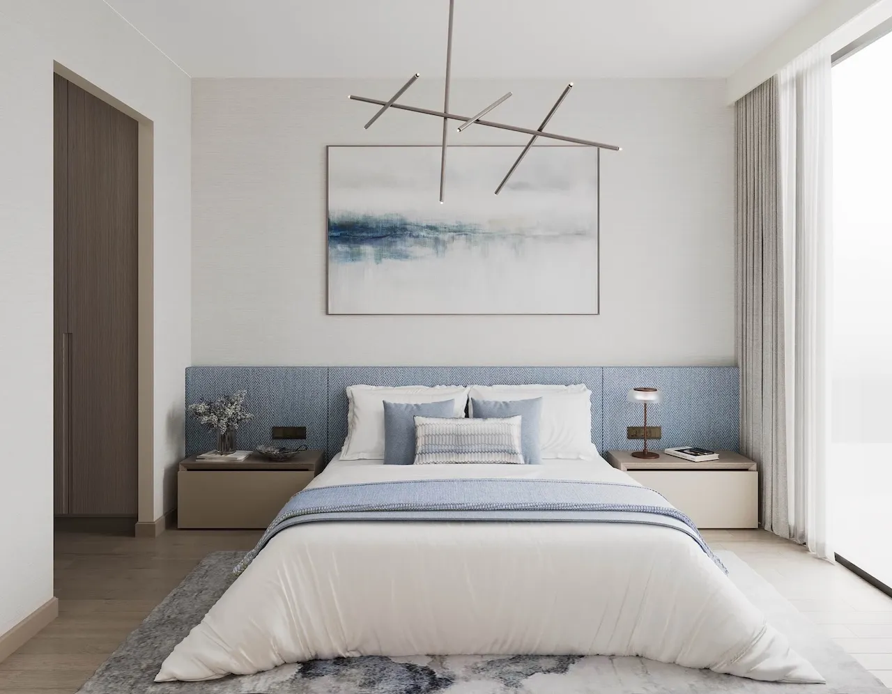 Modern bedroom interior at Inara Residence in Dubai featuring a minimalist design, soft neutral tones, elegant lighting fixtures, and a serene contemporary atmosphere, presented by Tohid Fetrat