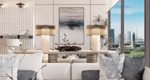 Elegant clubhouse lounge interior at Inara Residence in Dubai featuring refined seating, designer lighting, curated décor, and panoramic skyline views, presented by Tohid Fetrat