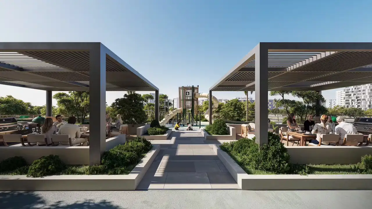 Architectural exterior elevation of Inara Residence in Dubai, highlighting contemporary residential design, clean vertical lines, premium materials, and a refined urban façade composition, presented by Tohid Fetrat