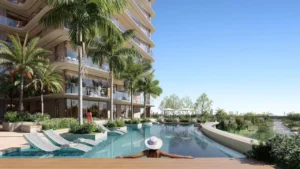 Modern exterior façade of Inara Residence in Dubai, showcasing contemporary residential architecture, refined material palette, balanced proportions, and integration within an upscale urban environment, presented by Tohid Fetrat